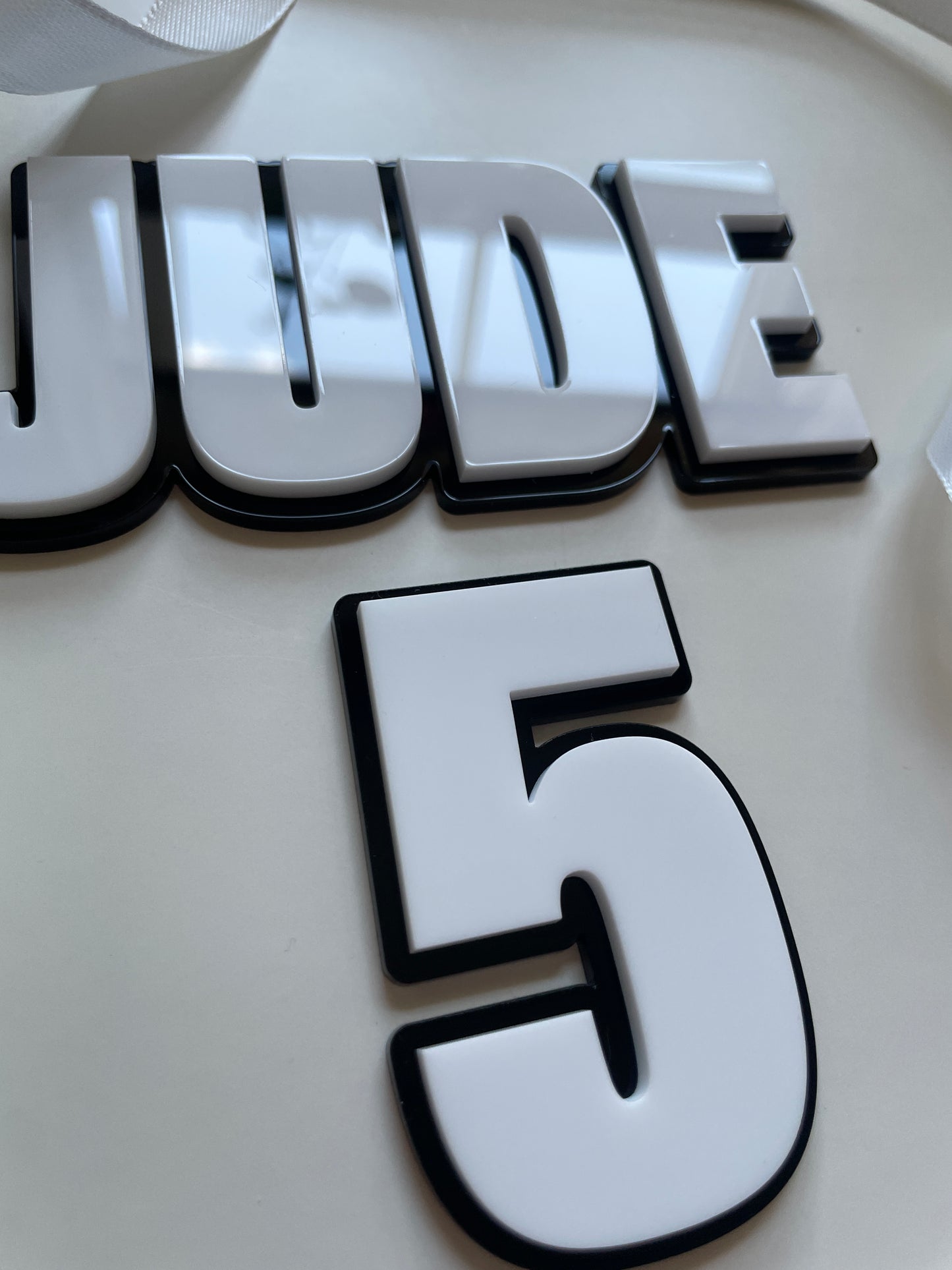 Black and White Acrylic Name and Age Cake Charm. Bold Comic Superhero Theme