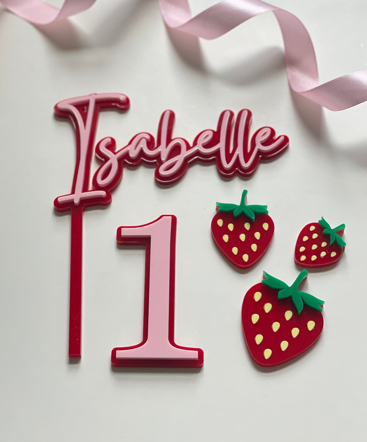 Strawberry Themed Name And Age Cake Topper.
