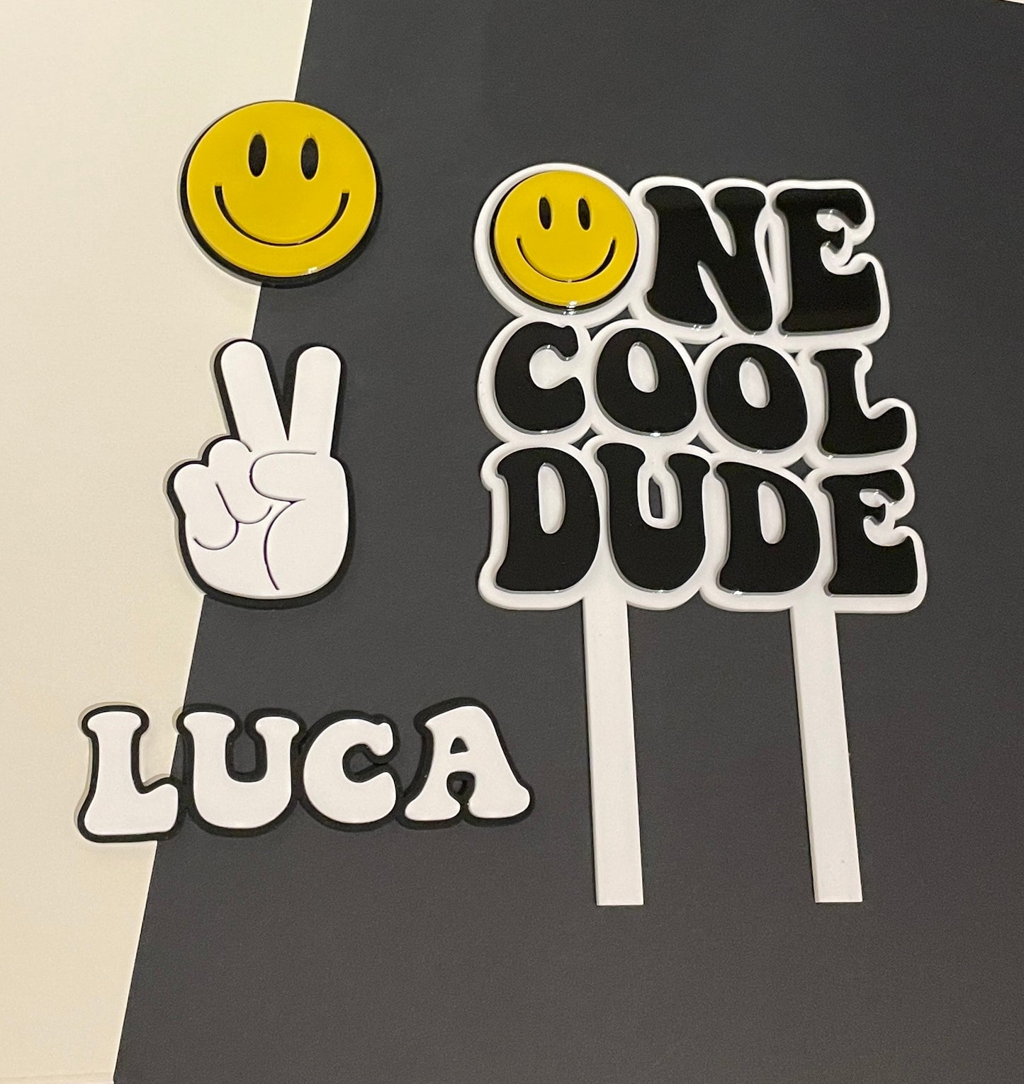 One Cool Dude. Smiley Face | Acrylic cake topper set.