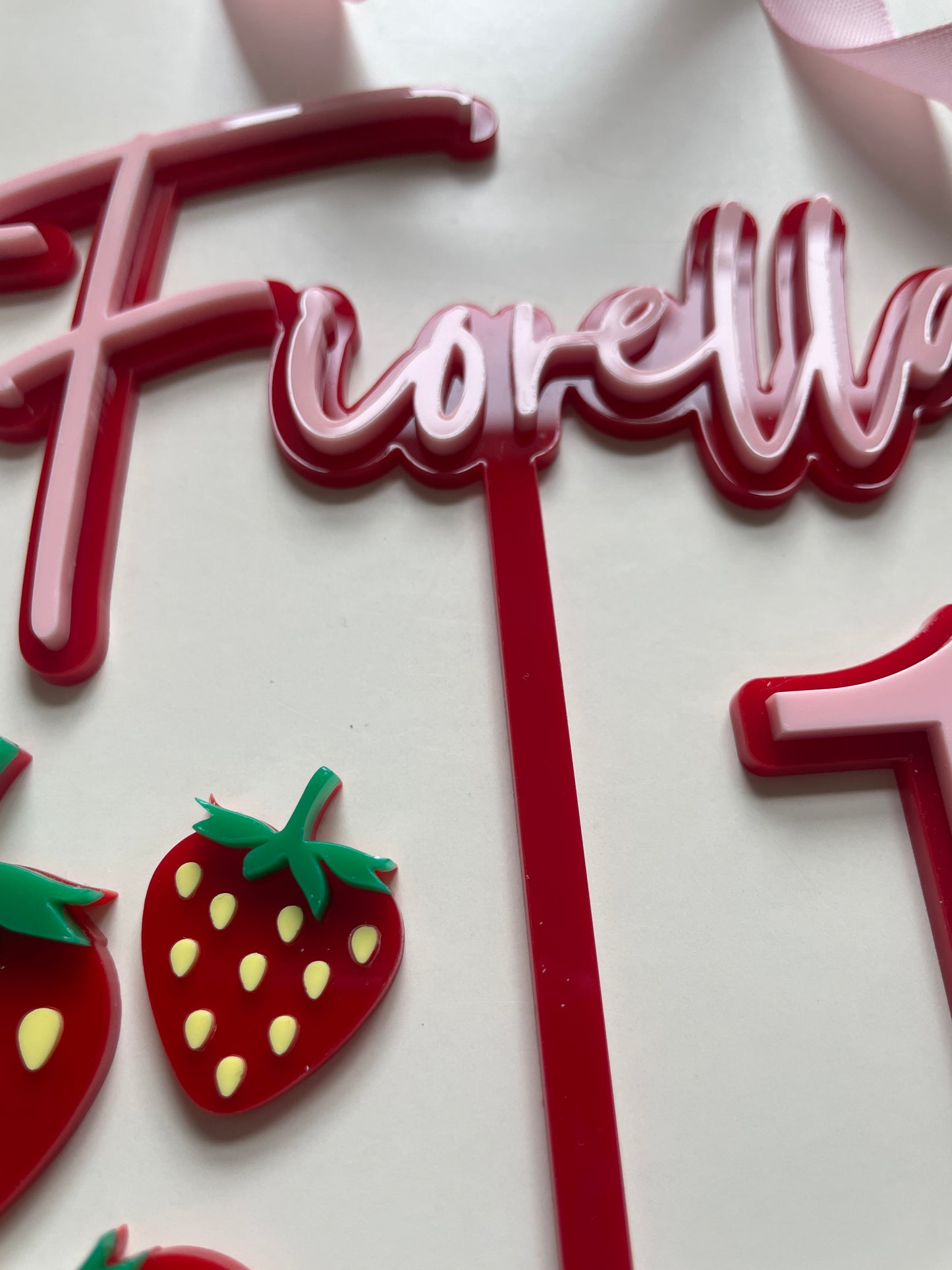 Strawberry Themed Name And Age Cake Topper.