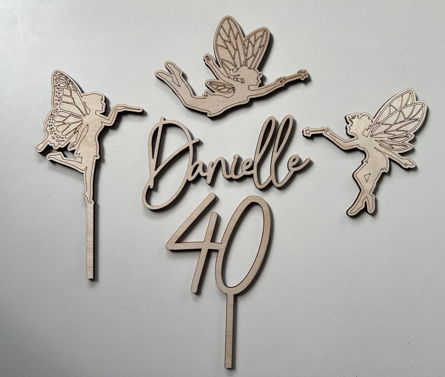 wooden fairy cake topper set with name and age charms