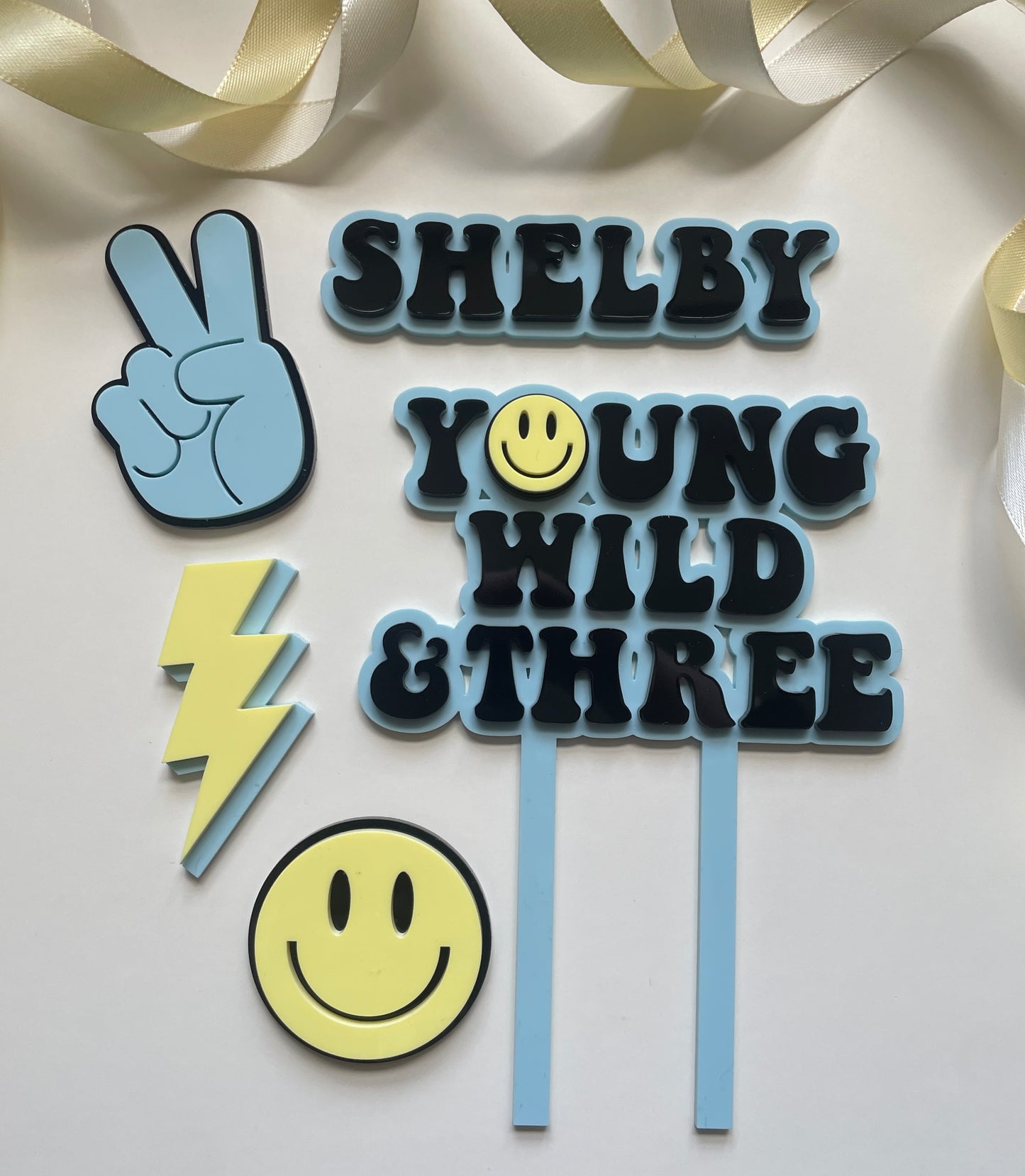Young Wild And Three. Acrylic Topper Set. Mini Charms Available to match.