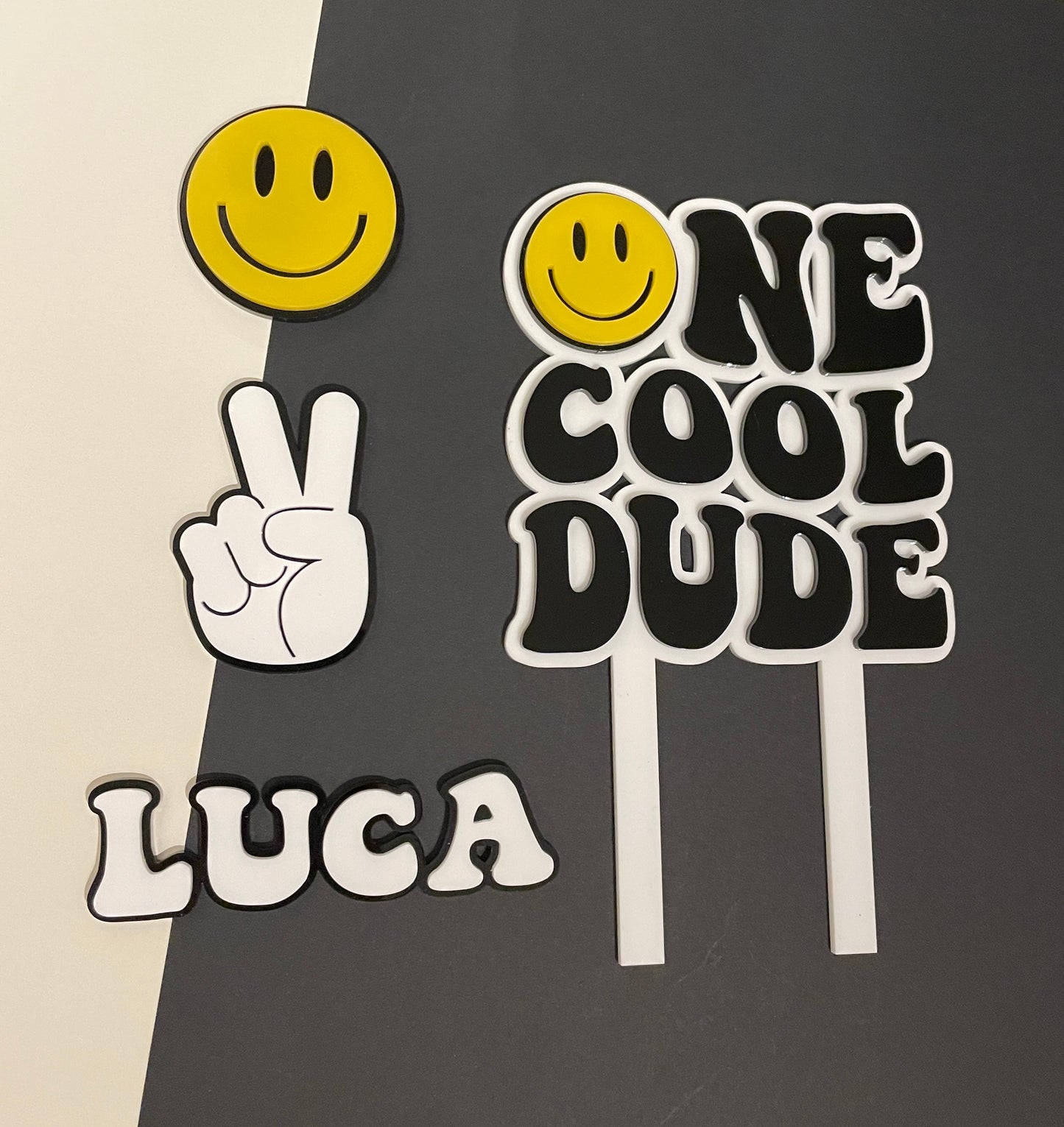One Cool Dude. Smiley Face | Acrylic cake topper set.