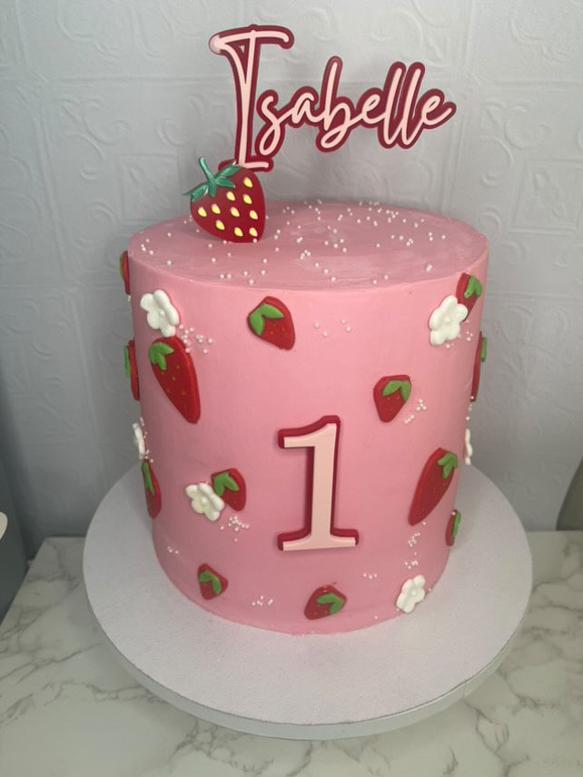 Strawberry Themed Name And Age Cake Topper.