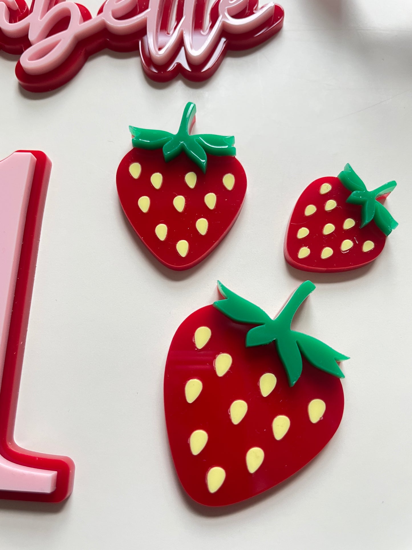 Strawberry Themed Name And Age Cake Topper.