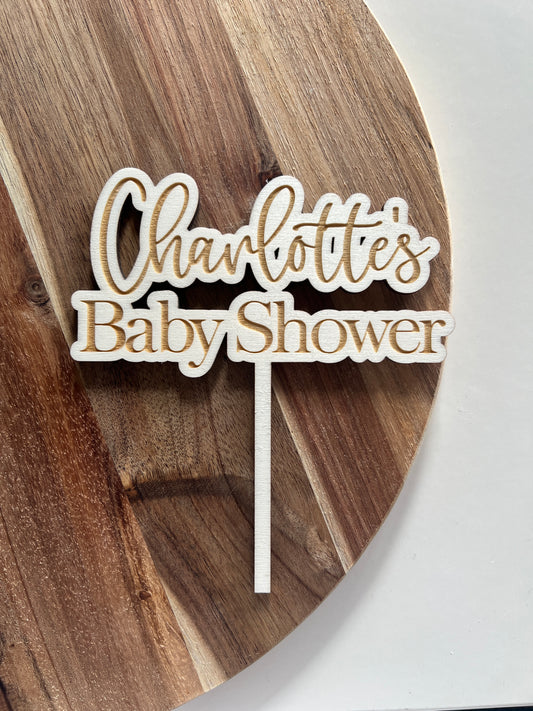 Wooden engraved baby shower cake topper personalised with name