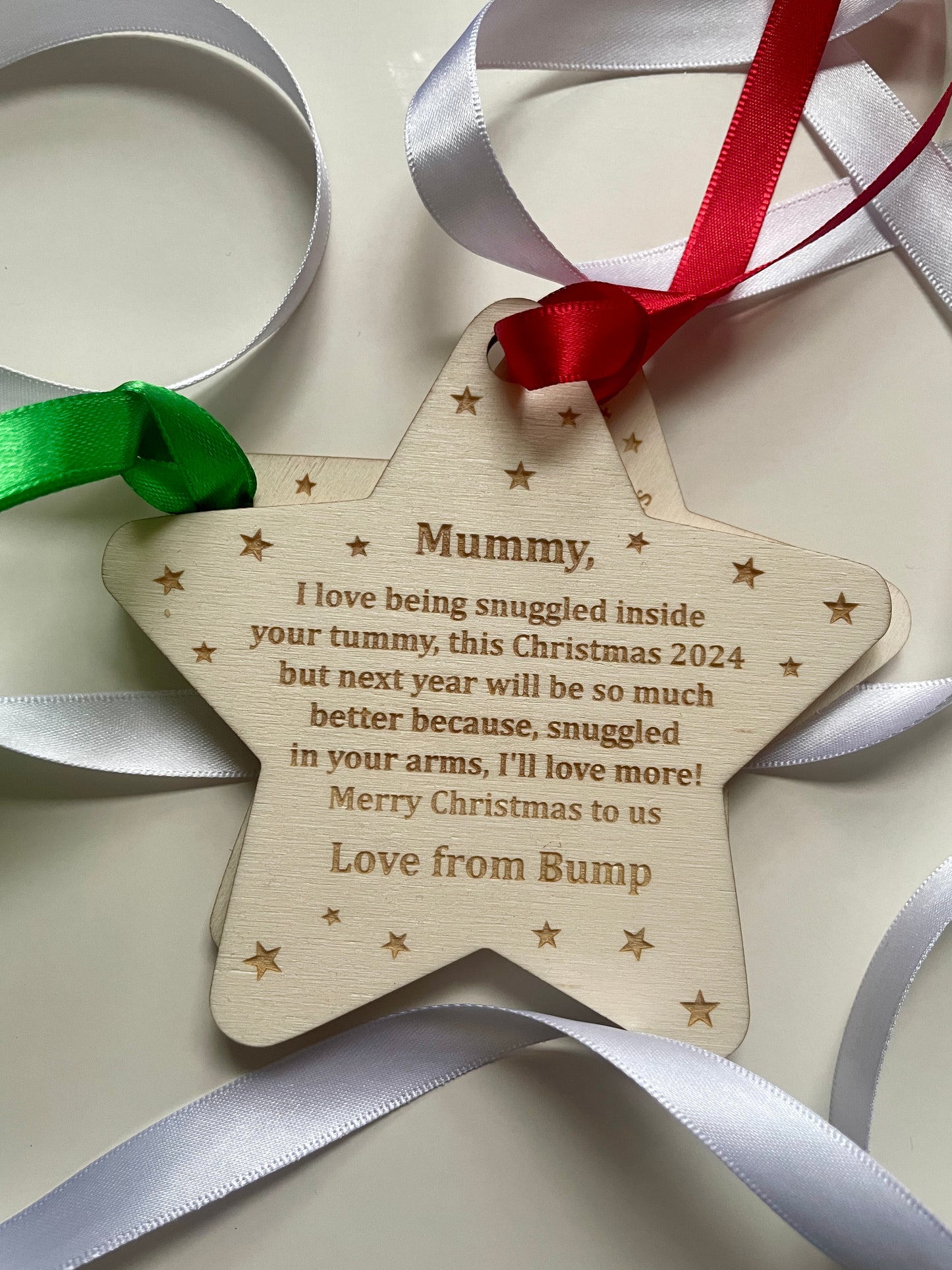 Merry Christmas mummy to be decoration. Christmas 2024. Personalised baby decoration from the bump.