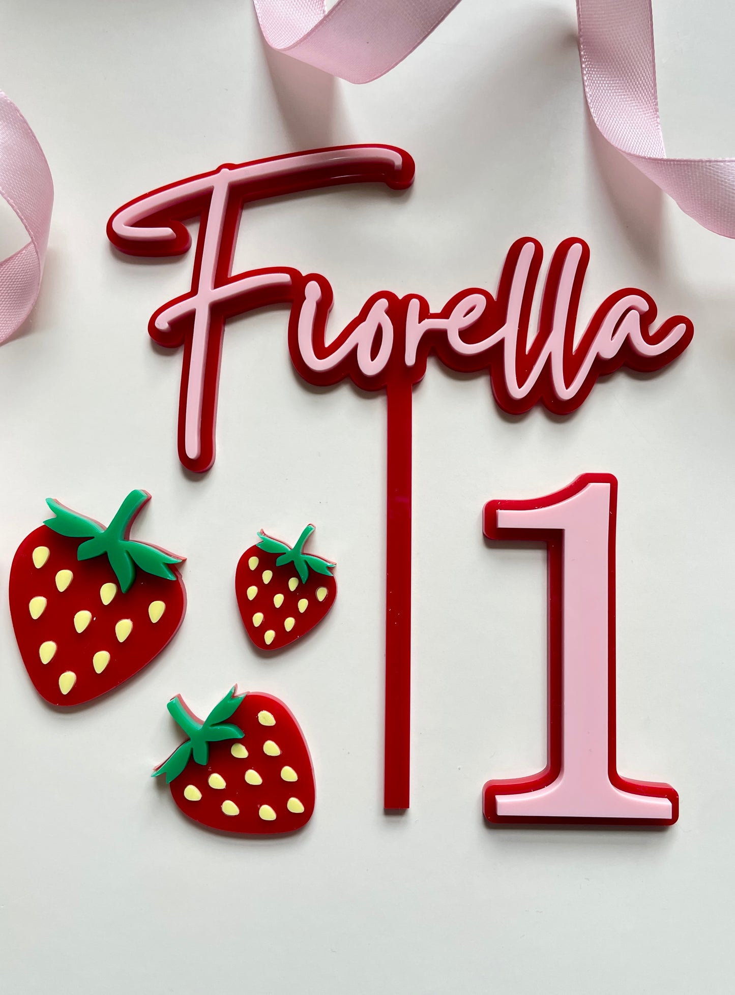 Strawberry Themed Name And Age Cake Topper.