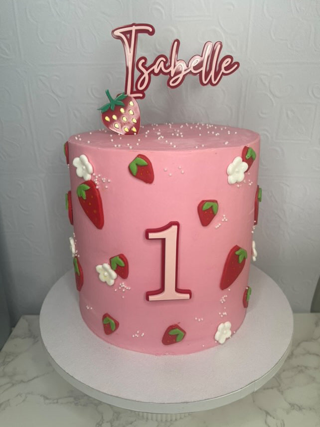 Strawberry Themed Name And Age Cake Topper.