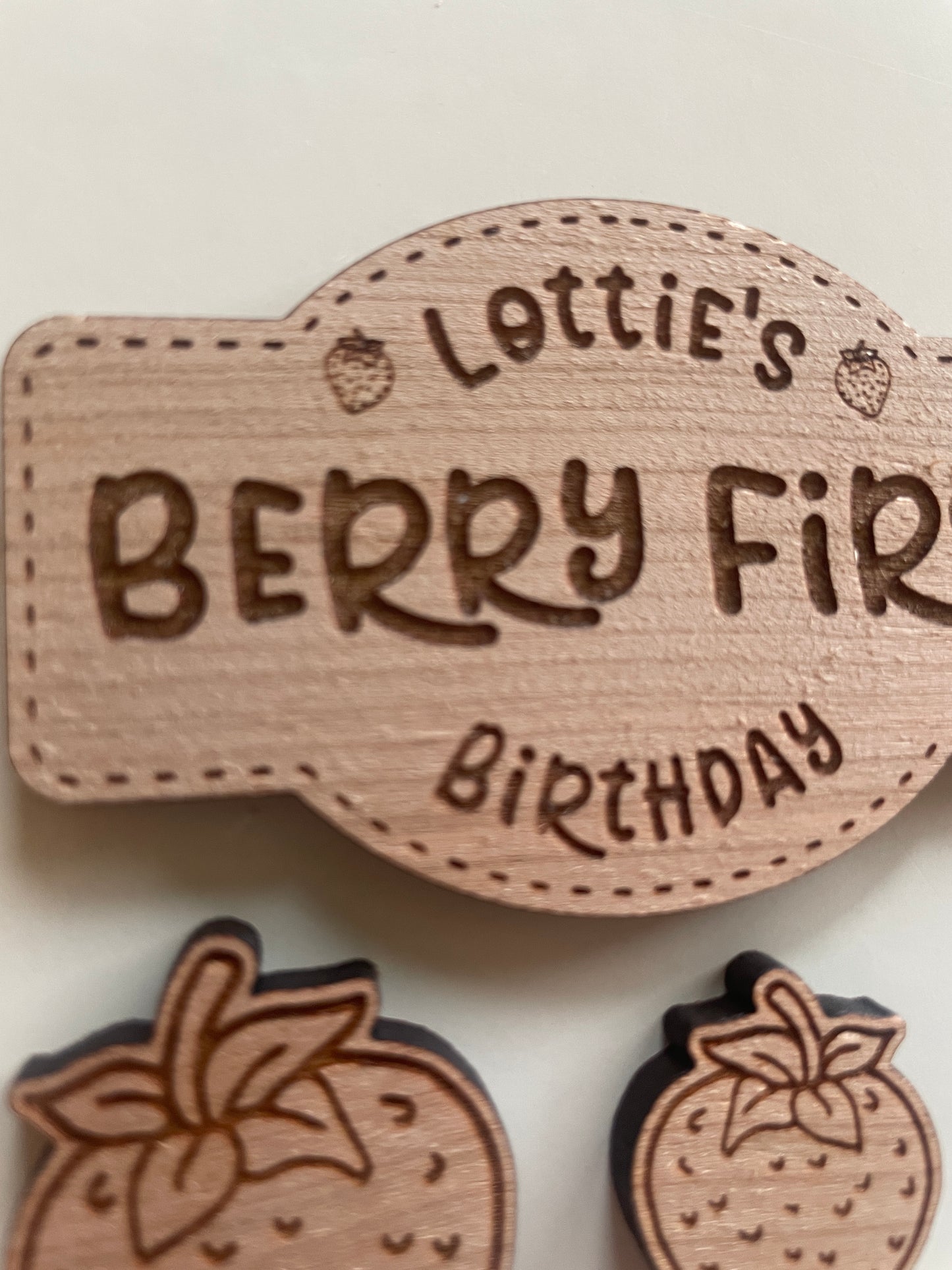Berry First Birthday. Wooden Jam Jar Cake Charm.