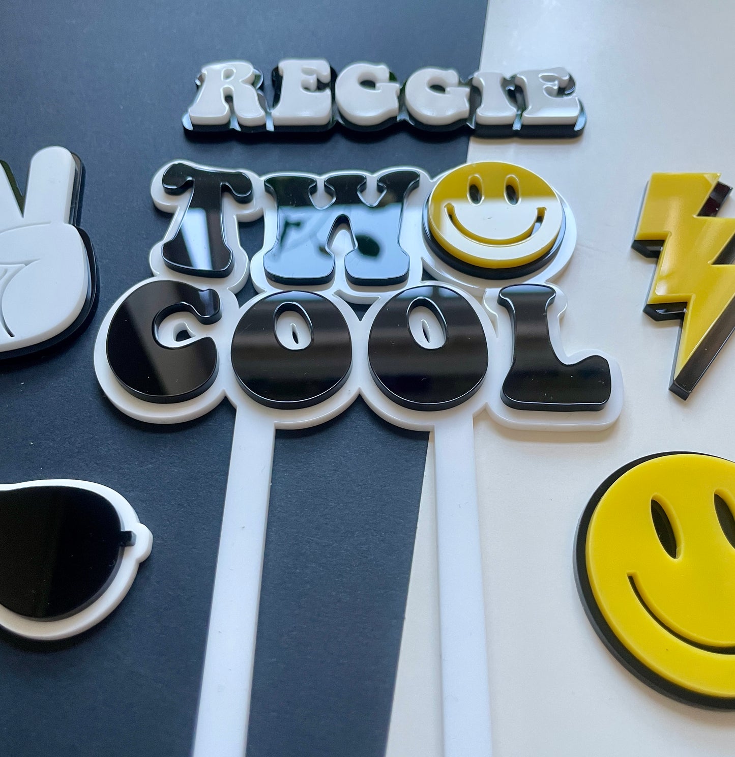 Two Cool. Smiley Acrylic cake topper set.