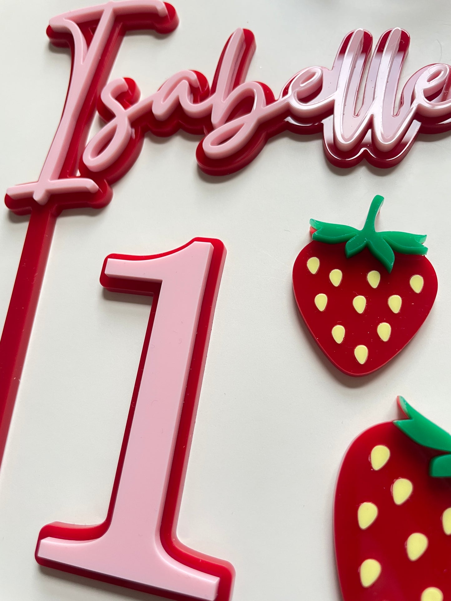 Strawberry Themed Name And Age Cake Topper.