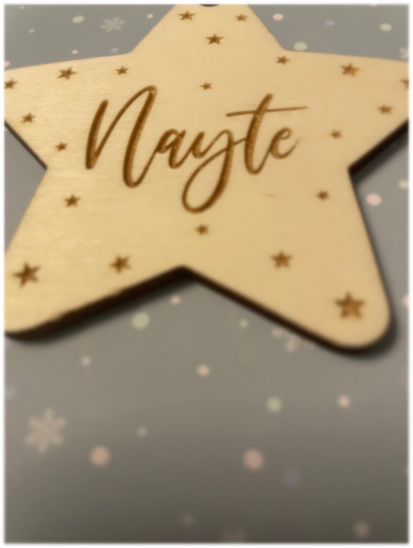 Baby name wooden disc. Baby name reveal star disc. Name reveal prop.