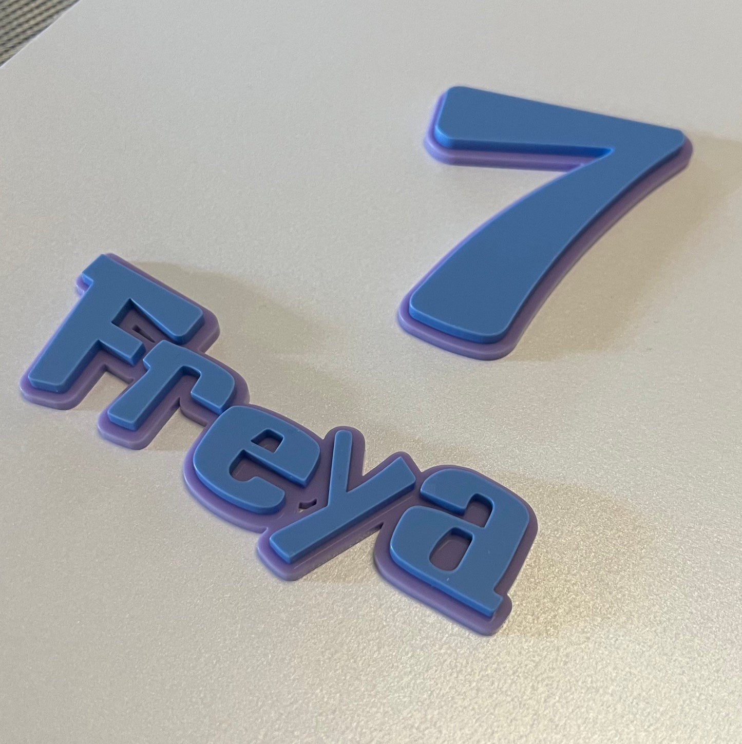 Double layered acrylic name charm and age. Stitch colour theme. Blue and lilac.