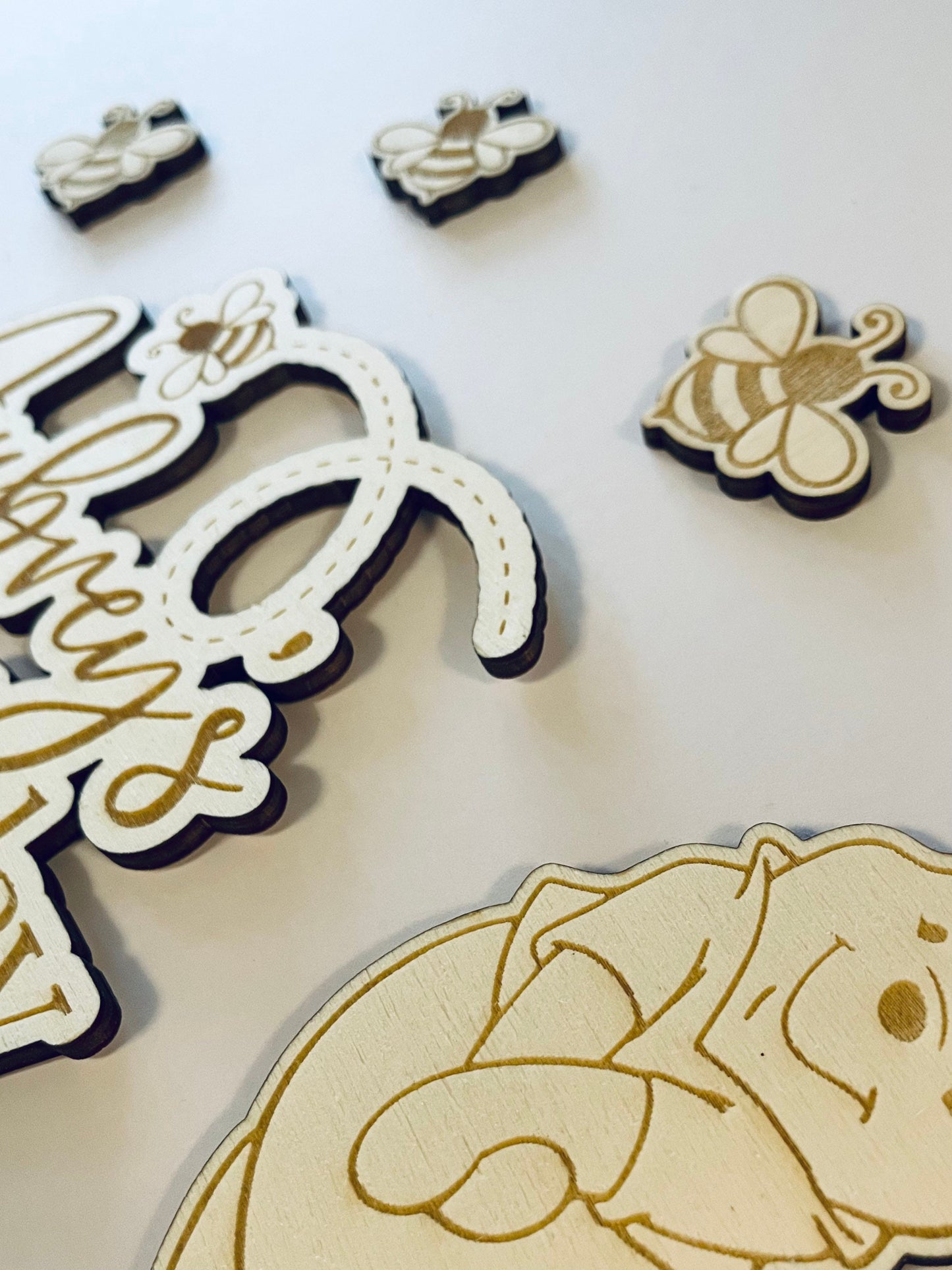 Wooden Winnie the Pooh Bear themed cake topper/charm set. Personalise with name /birthday / christening / baby shower. topper set.
