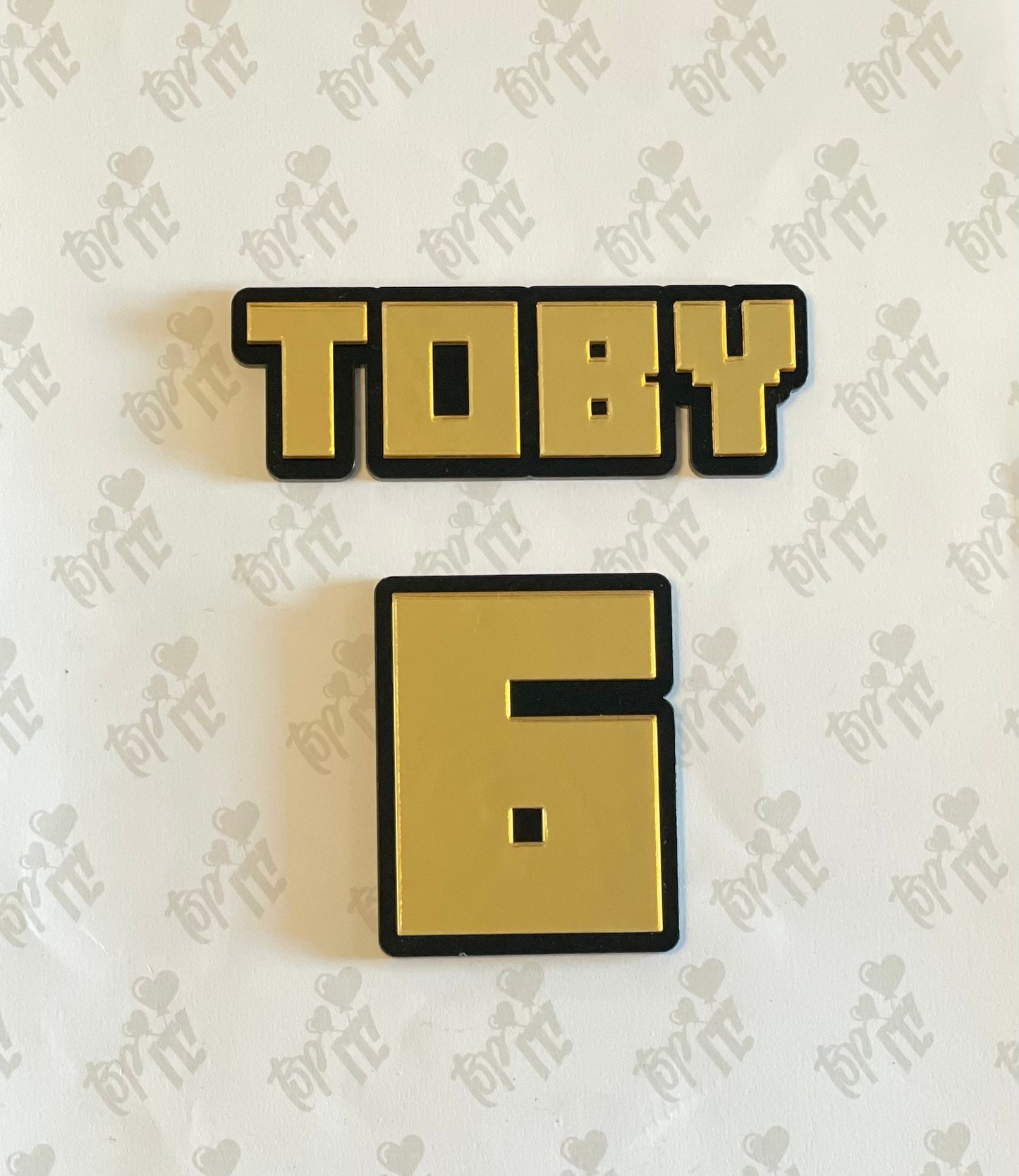 Mine theme Name and age charm. Double layered gold and black acrylic. Cake charms. Gamers cake ideas.