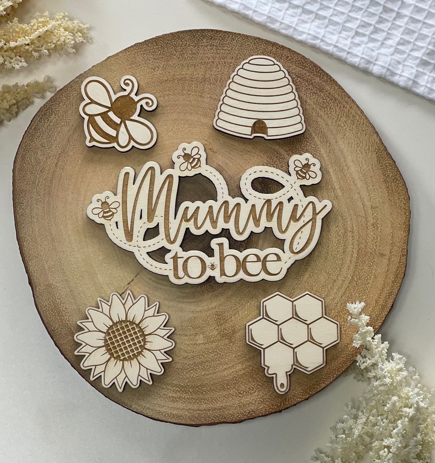Mummy to bee cake topper. Mummy to be. Bee and sunflower themed cake charm set. Wooden Bee set.