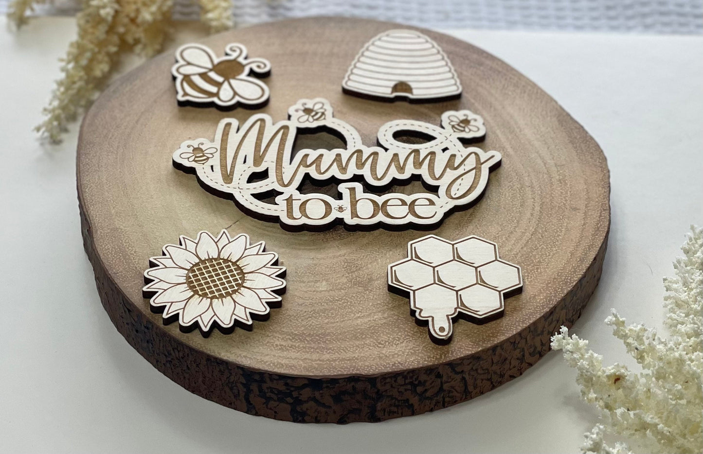 Mummy to bee cake topper. Mummy to be. Bee and sunflower themed cake charm set. Wooden Bee set.