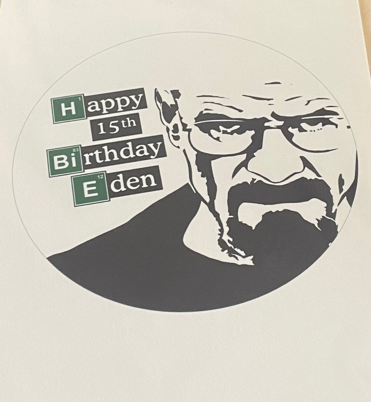 Personalised Breaking Bad style Edible Icing message. Edible Walter face. Cake decor.