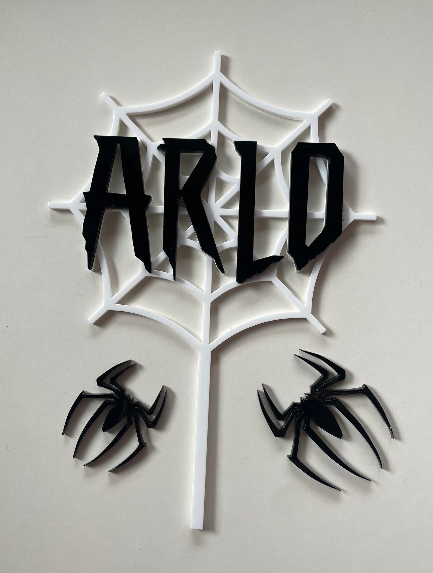 Spider web and spider topper set. Acrylic. Perfect for a spider man fan. Black and white acrylic cake topper set