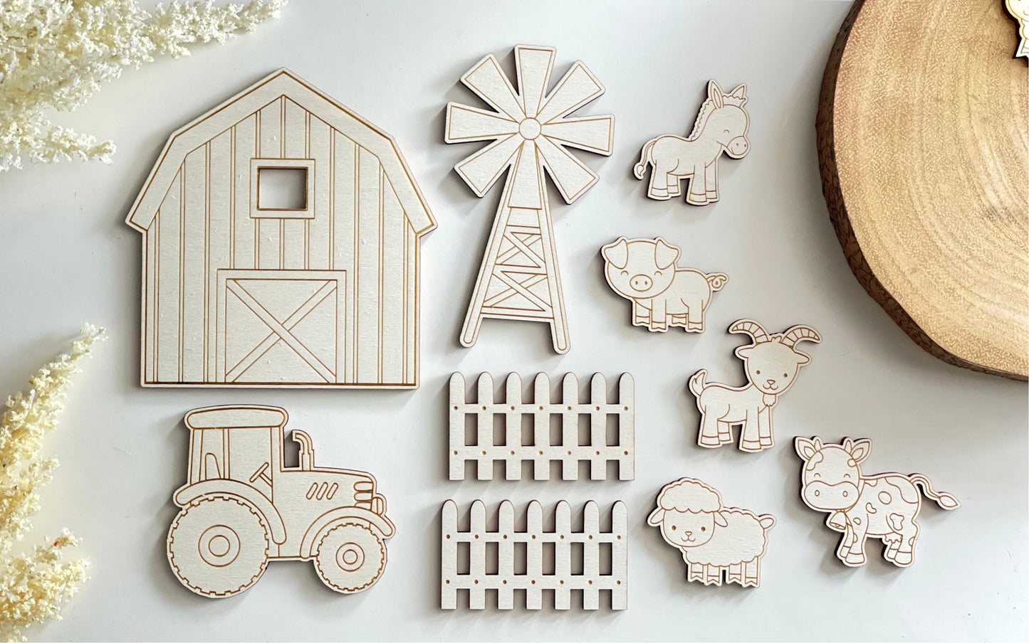 Wooden farm animal cake topper set. Name and age charms.