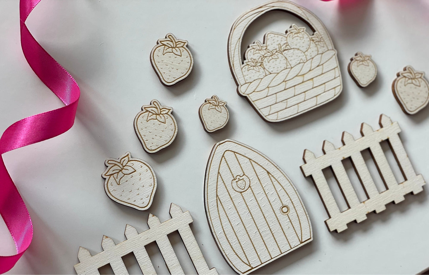 Wooden strawberry garden cake topper set. Berry Sweet.