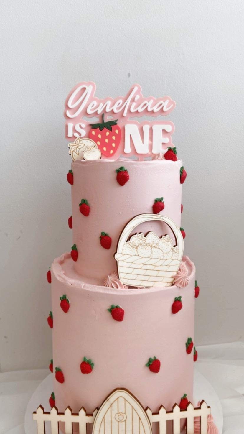 Wooden strawberry garden cake topper set. Berry Sweet.