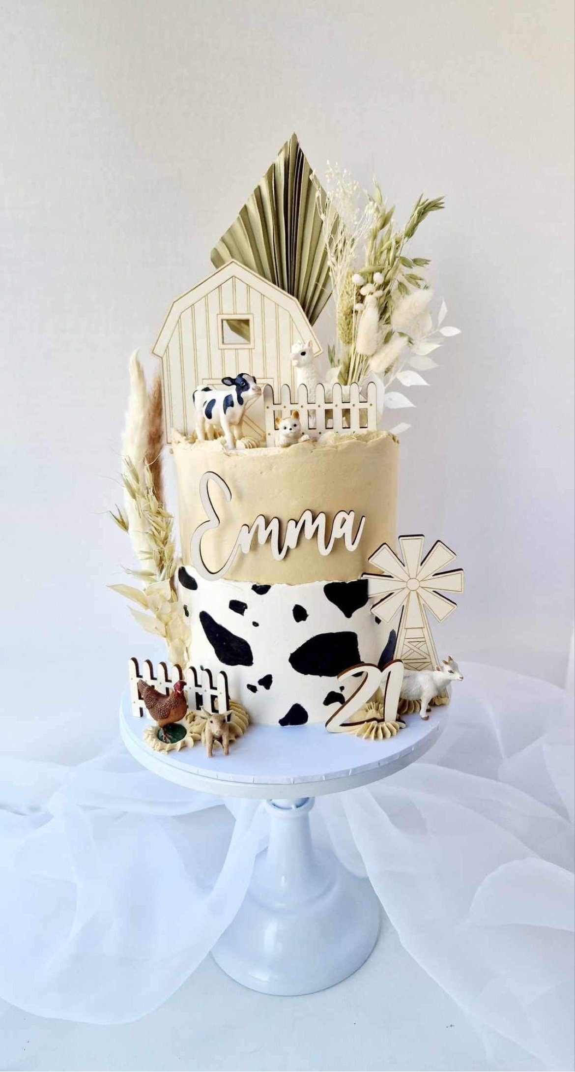 Wooden farm animal cake topper set. Name and age charms.