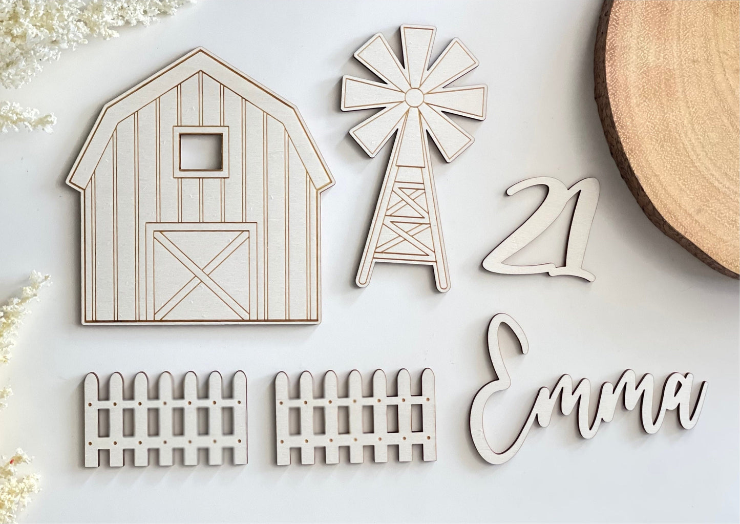 Wooden farm animal cake topper set. Name and age charms.