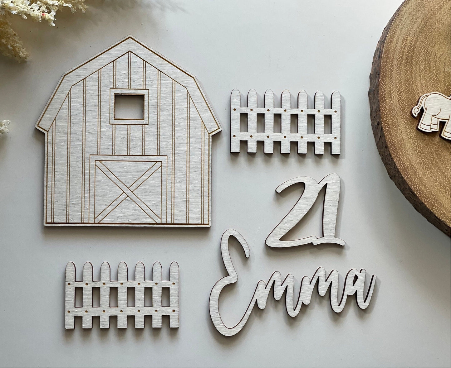 Wooden farm animal cake topper set. Name and age charms.