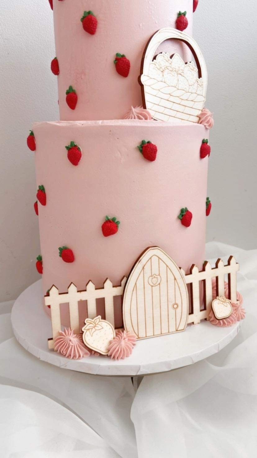Wooden strawberry garden cake topper set. Berry Sweet.