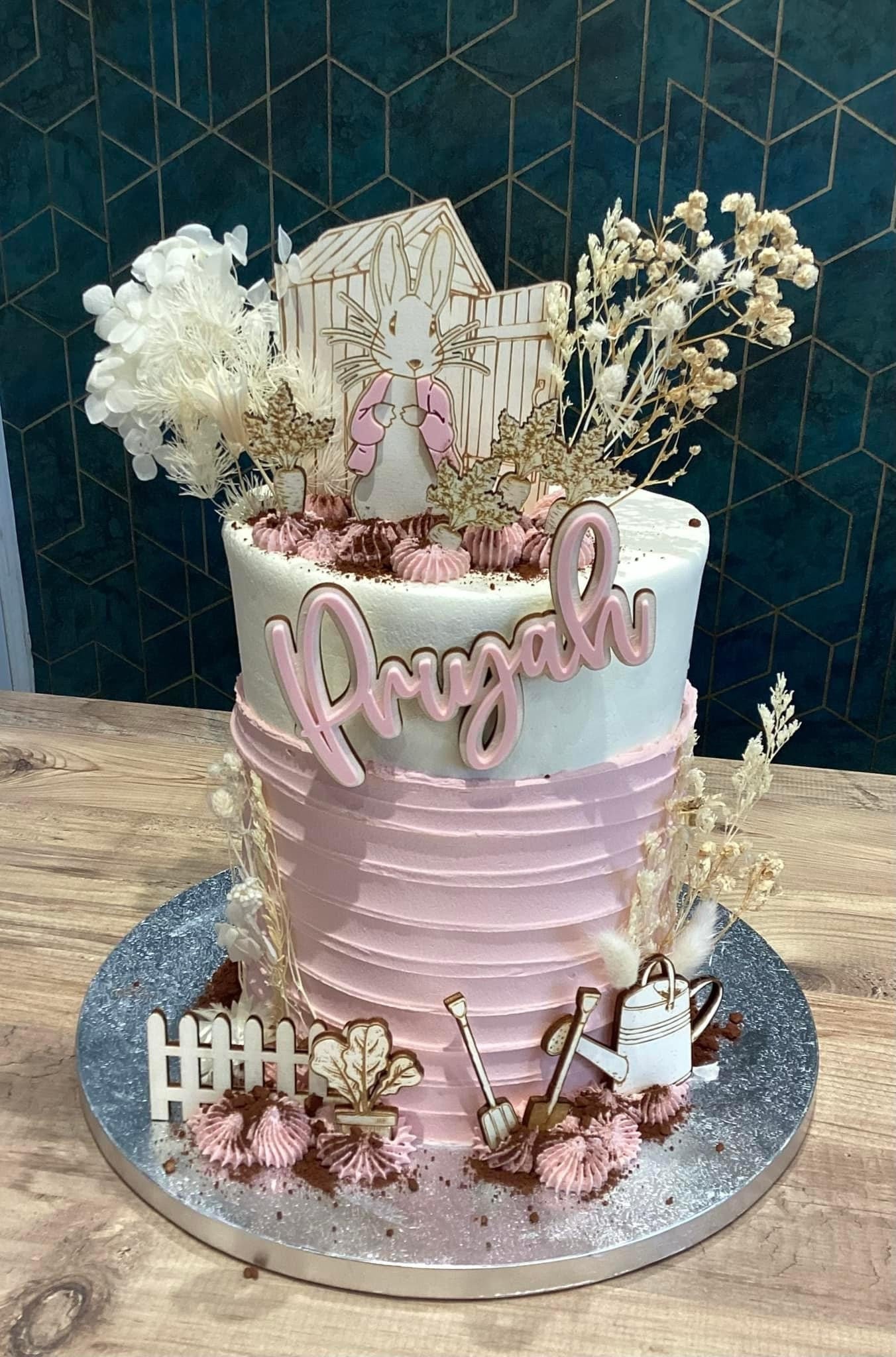 Wooden Rabbit garden theme topper set. Blue or pink.