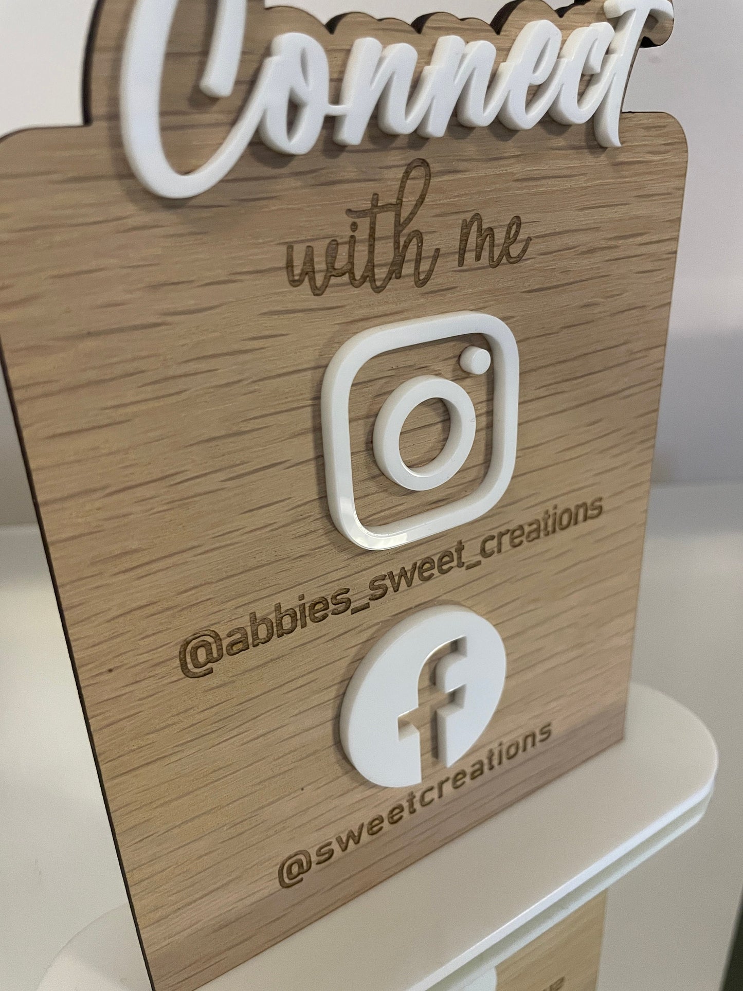 Personalised Social media sign. Wood engraved. Acrylic logos