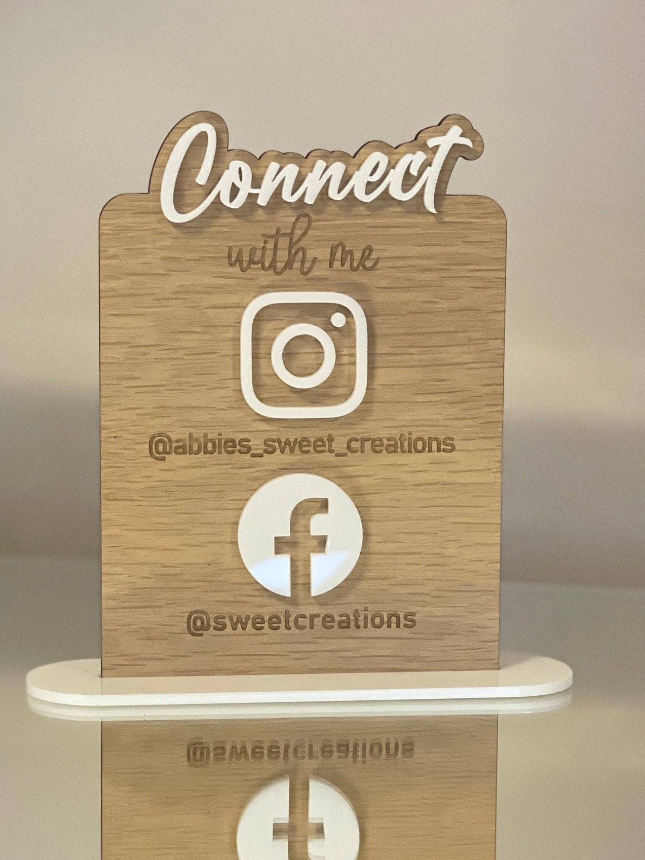 Personalised Social media sign. Wood engraved. Acrylic logos
