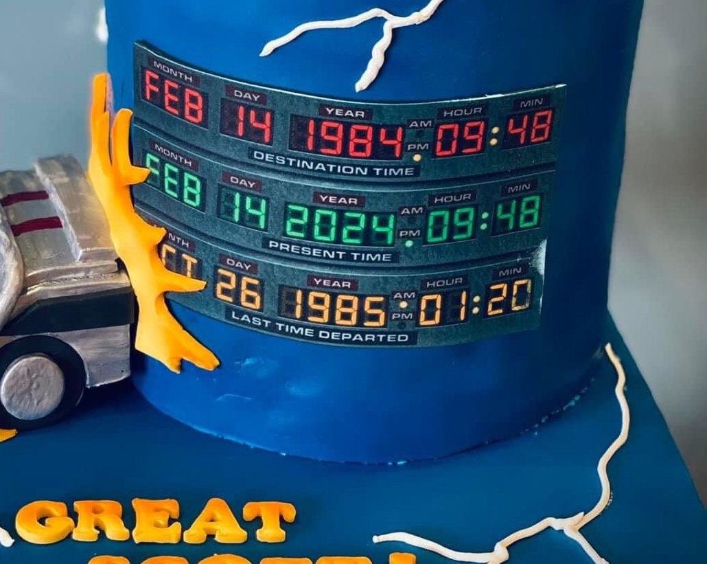 Personalised Time travel edible image. Present / future / past dates.