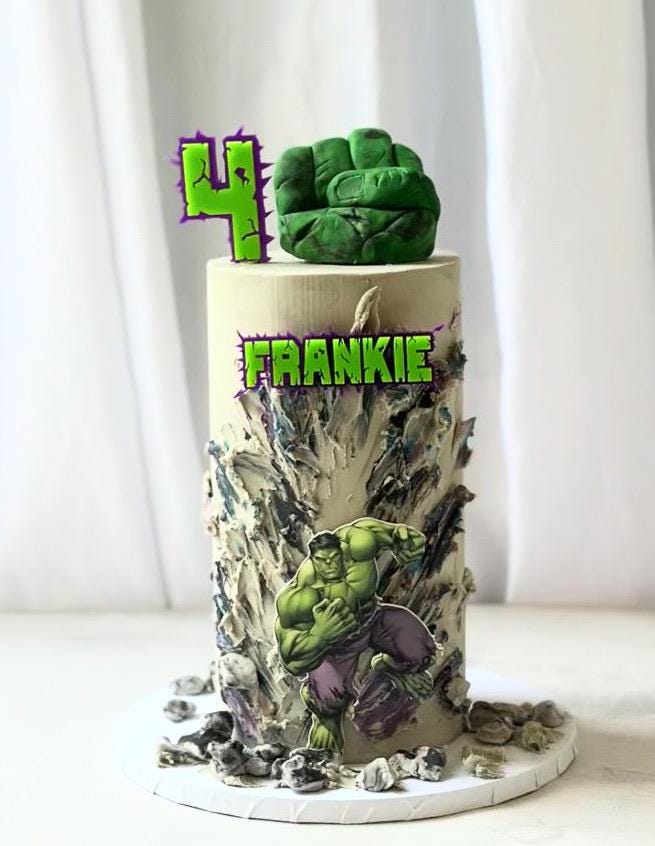 Green and purple acrylic name and age charm. Superhero themed.