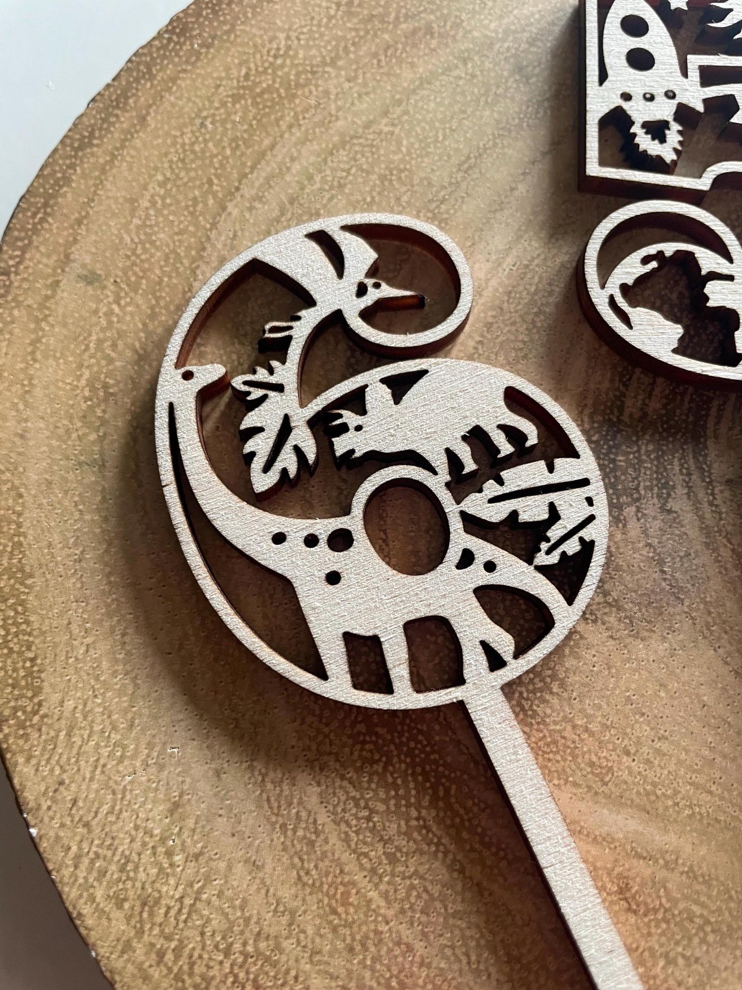 Customised wooden number cake toppers. Dinosoar / Space / Flowers