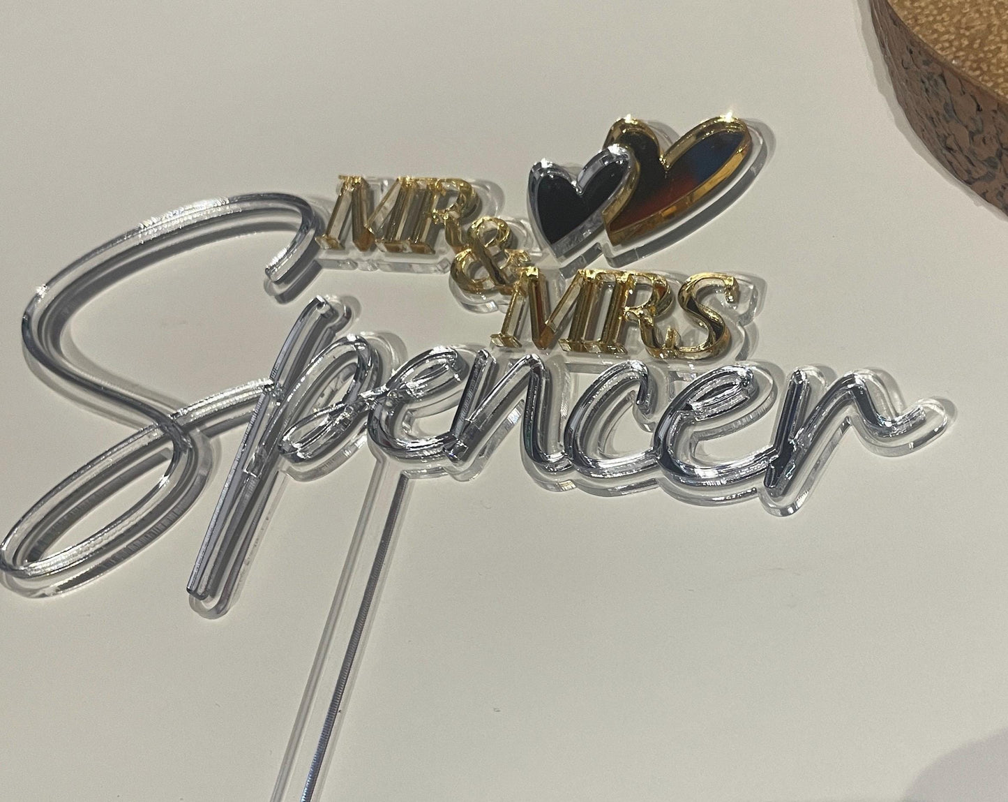 Mr and Mrs Name wedding cake topper. Mr and Mr. Mrs and Mrs. Gold and Silver acrylic.