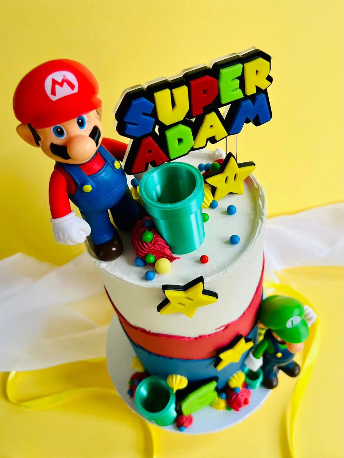 Super Game Theme With Stars And Green Pipes | Acrylic Cake Charm / Topper