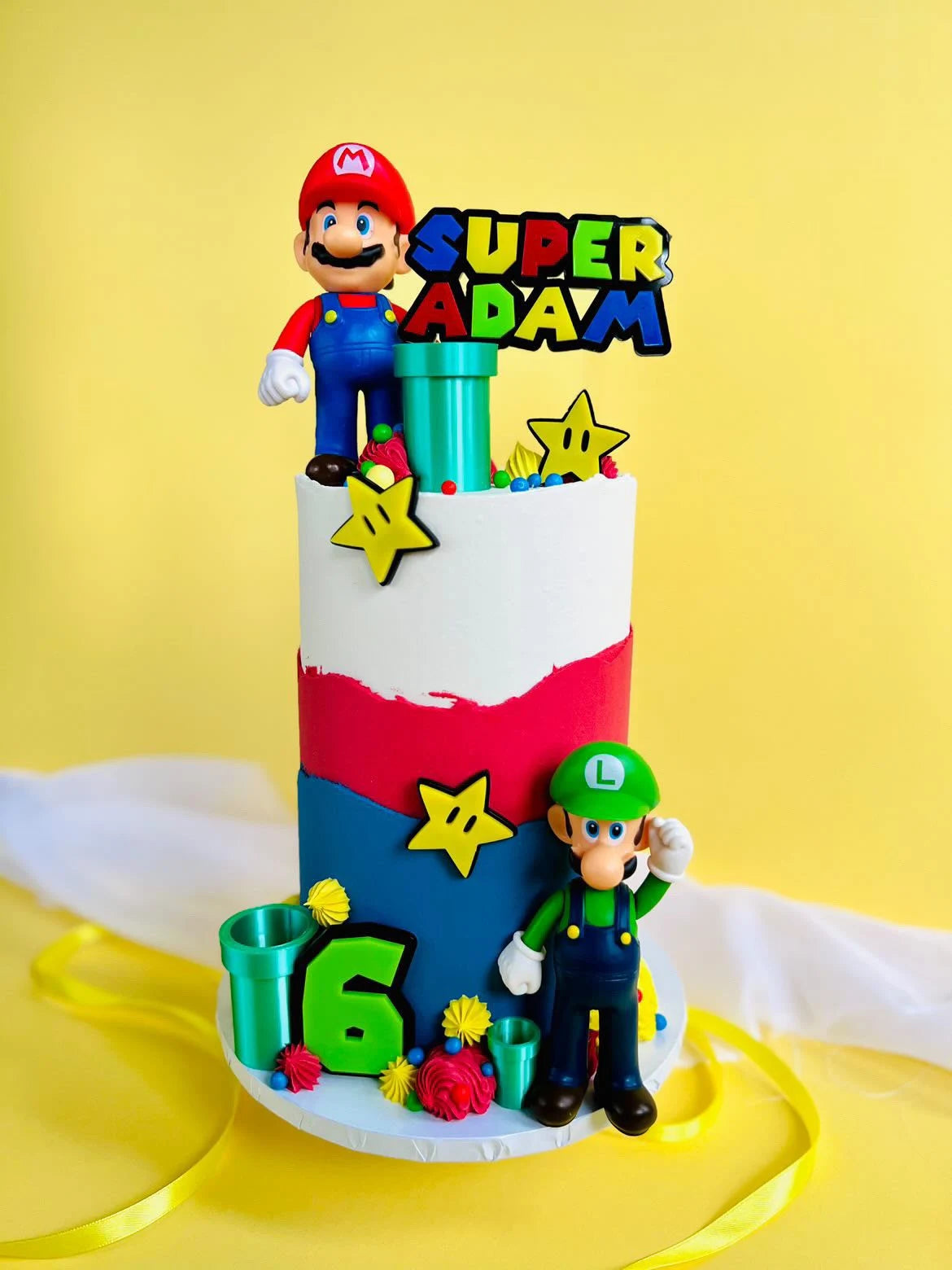 Super Game Theme With Stars And Green Pipes | Acrylic Cake Charm / Topper