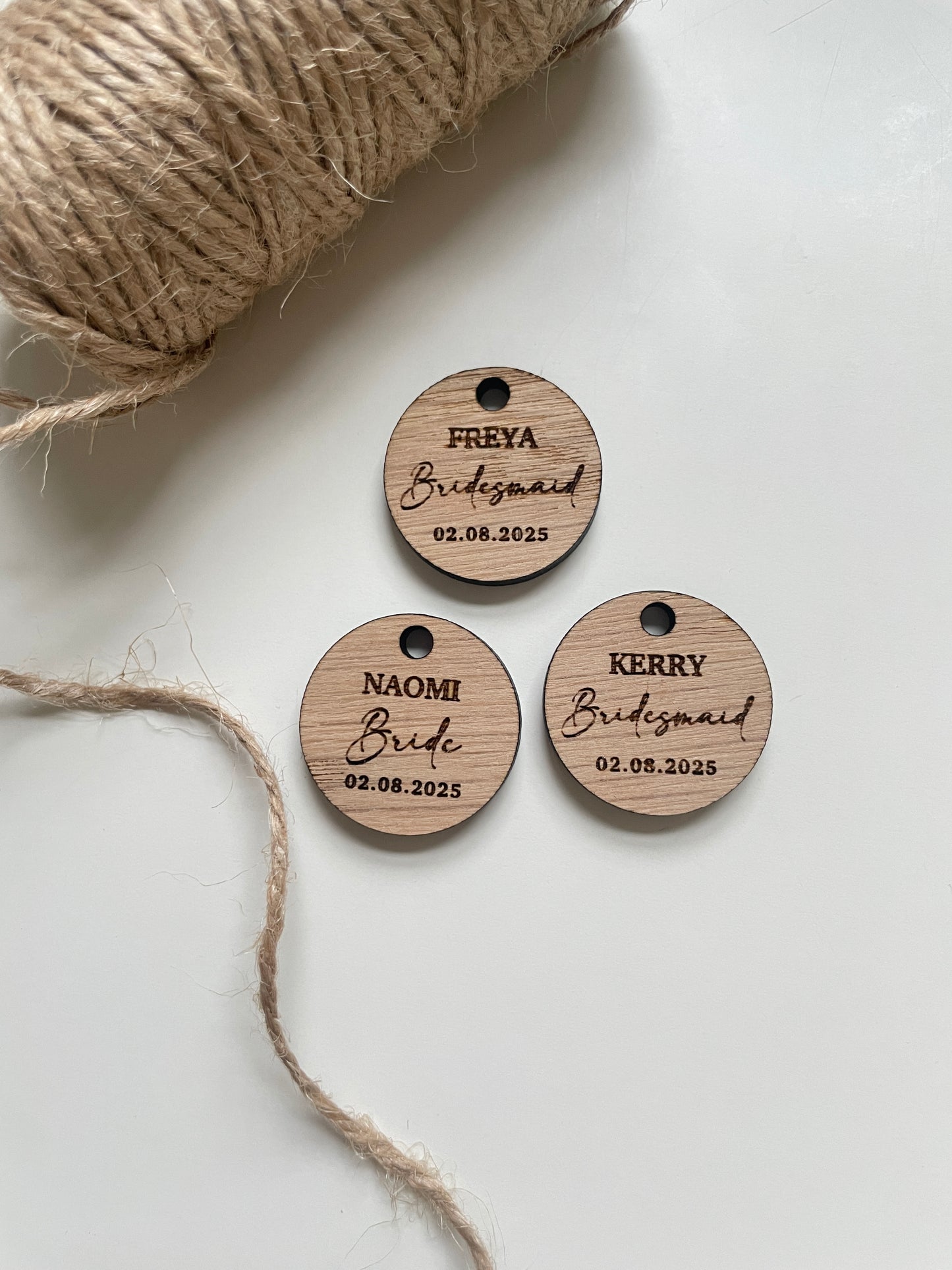 Personalised bridesmaid wedding bouquet tags. Wood and mirrored acrylic tags.
