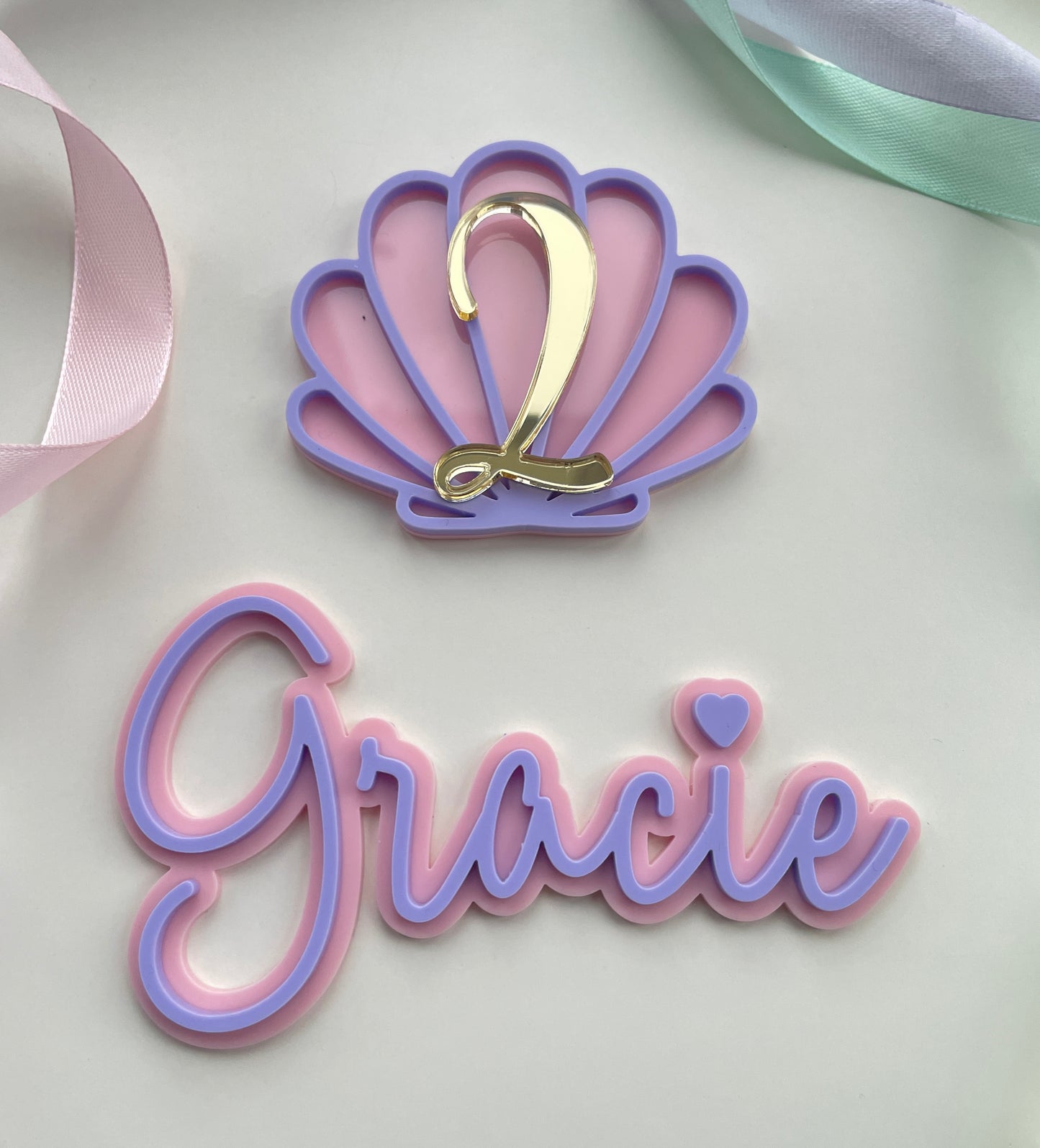 Mermaid Cake Topper Set | Pastel And Gold Acrylic Name And Age Charms