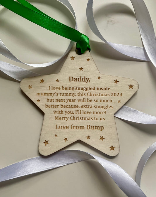 Merry Christmas daddy to be decoration. Christmas 2024. Personalised baby decoration from the bump.  Daddy to be. Grandparents to be.