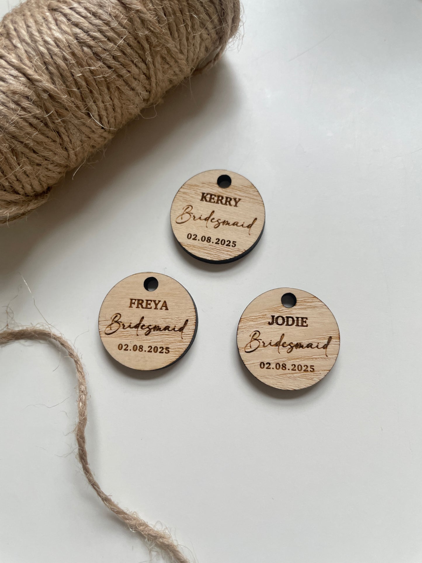 Personalised bridesmaid wedding bouquet tags. Wood and mirrored acrylic tags.