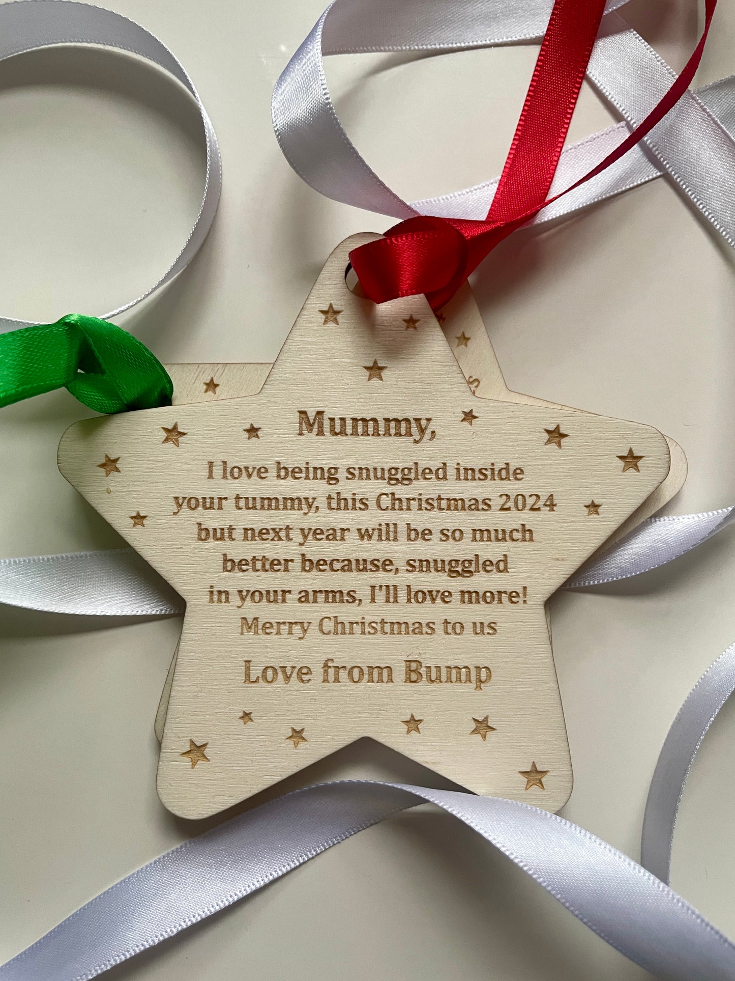Merry Christmas mummy to be decoration. Christmas 2024. Personalised baby decoration from the bump.