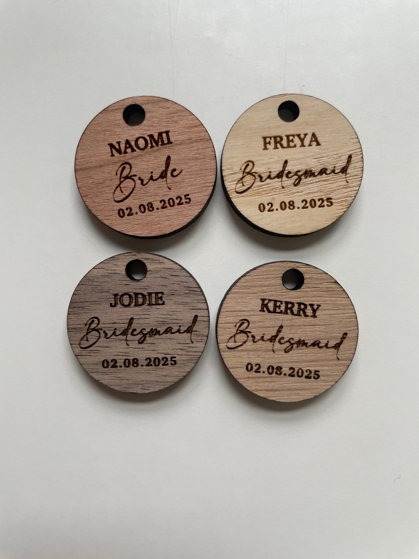 Personalised bridesmaid wedding bouquet tags. Wood and mirrored acrylic tags.