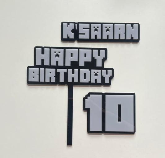 Mine Theme Happy Birthday Cake Topper. Gamers cake. Personalised Name And Age Charm.