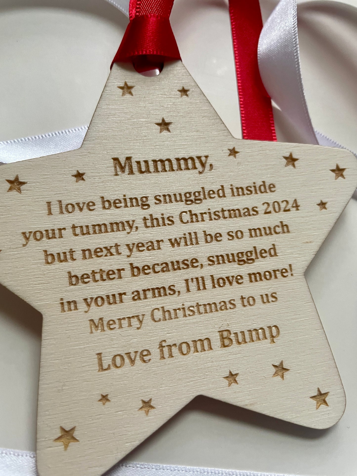 Merry Christmas mummy to be decoration. Christmas 2024. Personalised baby decoration from the bump.
