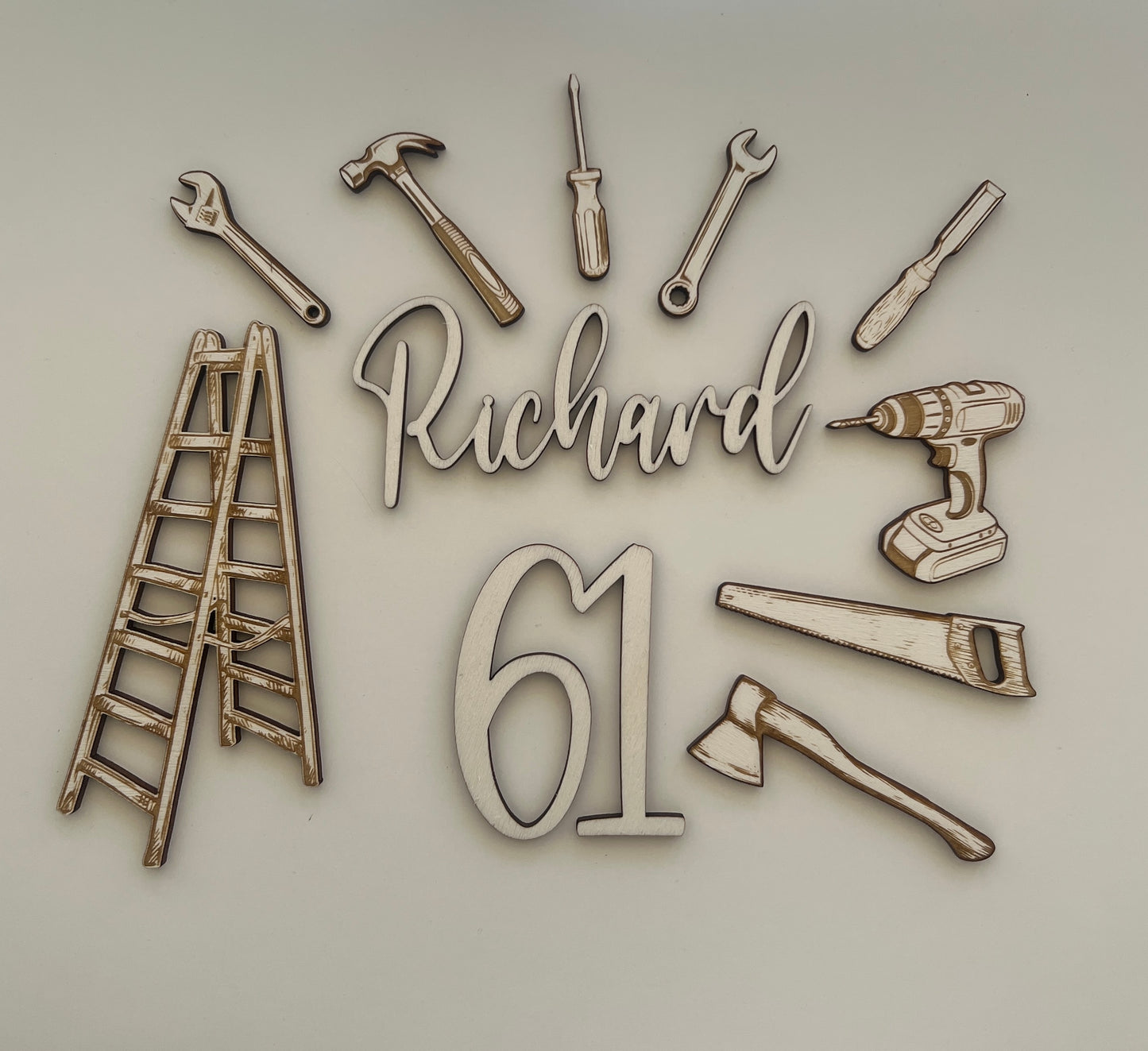 Wooden Tool Theme Cake Charm Set. Name and Age Cake Charm