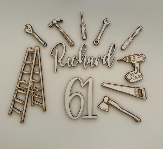 Wooden Tool Theme Cake Charm Set. Name and Age Cake Charm